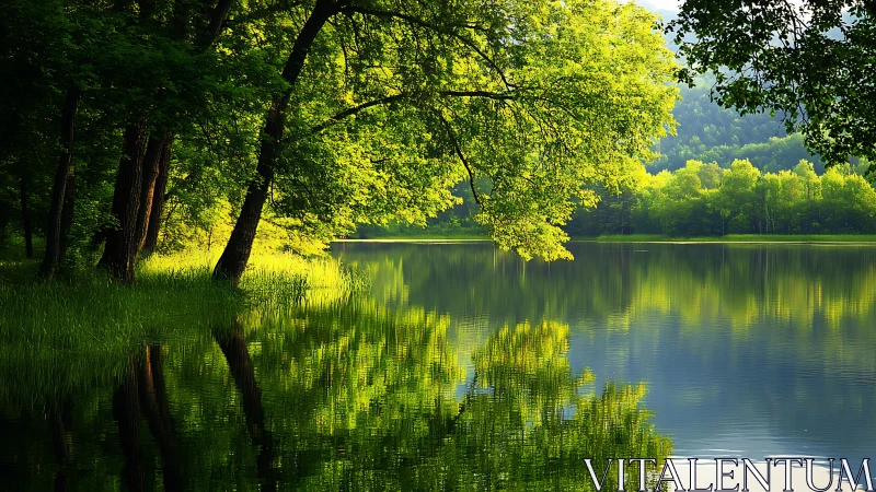 Sunlit riparian forest reflected on calm freshwater lake surface