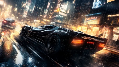 Midnight hypercar hunts neon reflections through stormed streets.