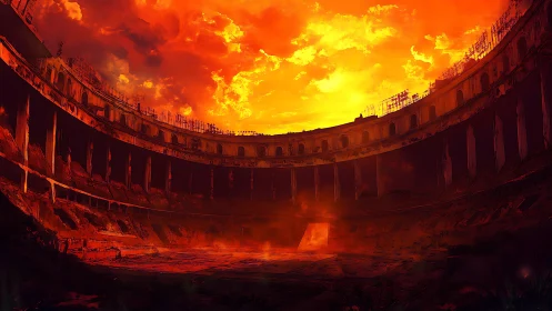 Ruined circular arena under incandescent apocalyptic sky