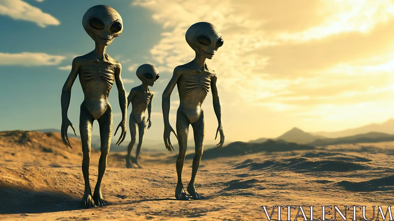 Curious desert visitors strolling under a soft alien sun.
