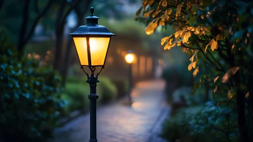 Warm streetlamp lighting a quiet tree-lined pathway.