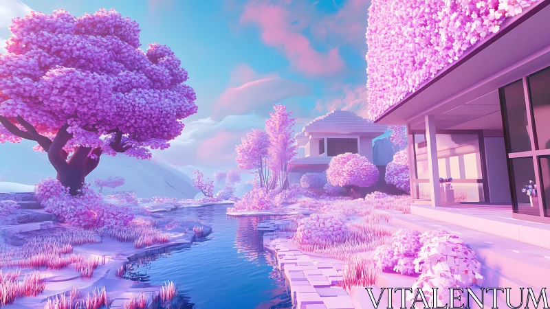 Residential stream landscape in stylized pink environment.