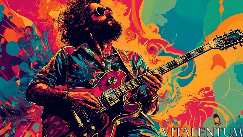 Psychedelic chroma-field guitarist in high-saturation vector flux.