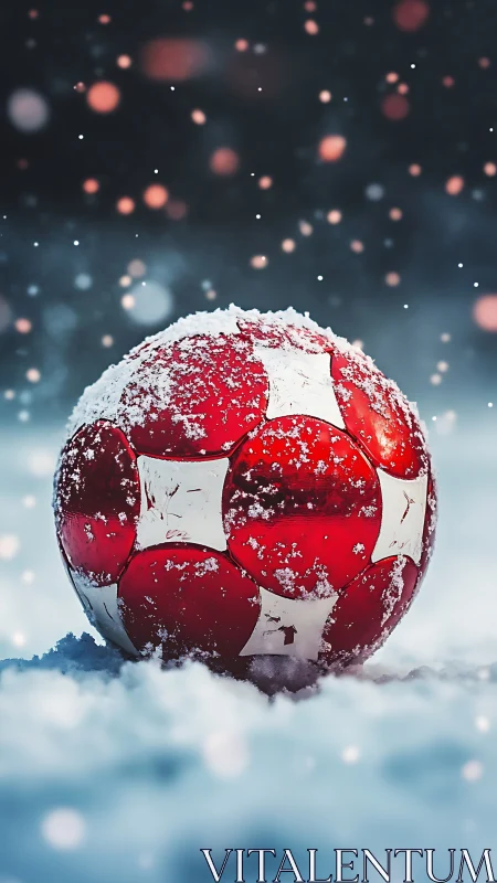 Red soccer ball resting in fresh winter snow at dusk.