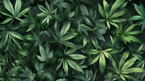 Cannabis leaves form dense layered pattern in rich green tones