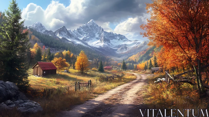 Mountain valley road passes cabins amid early autumn foliage