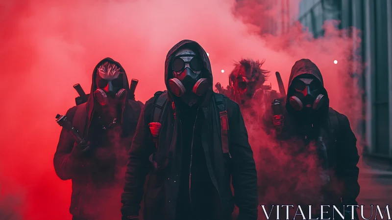 Hooded gas mask squad advances through dense red smoke haze