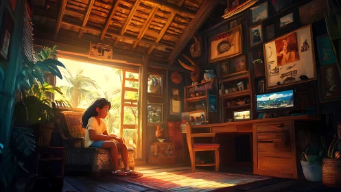 Digital painting of sunlit island studio interior with child.