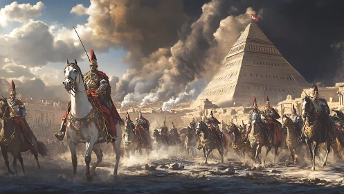 Mounted armored cavalry before stepped pyramid under smoke.