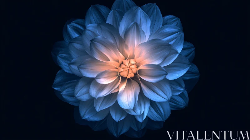 Glowing blue flower with warm illuminated center on black