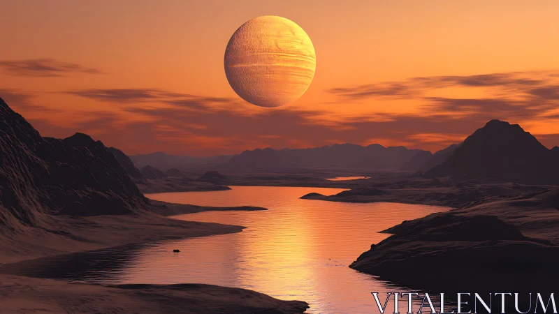 Alien desert river under giant planet at orange dusk.