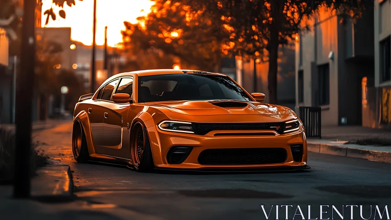 Orange widebody muscle car on empty city street at sunset.