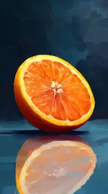 Vibrant orange half with reflective surface and cool backdrop.