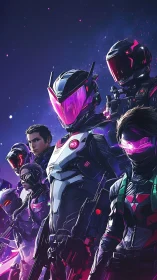 Neon armored squad of futuristic space operatives assembled.