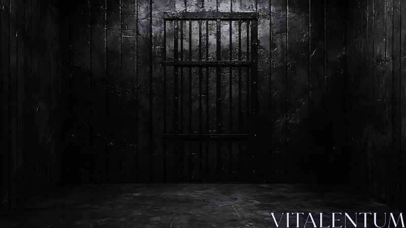 Dark solitary prison cell with metal bar door interior.