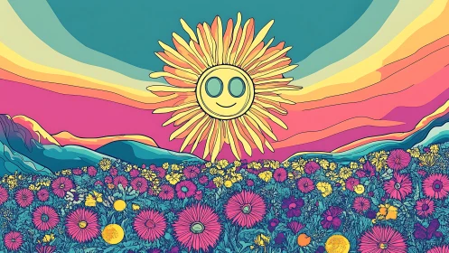 Smiling sun over technicolor wildflower dreamscape.