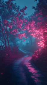 Neon blossom forest trail glowing through misty midnight hush.