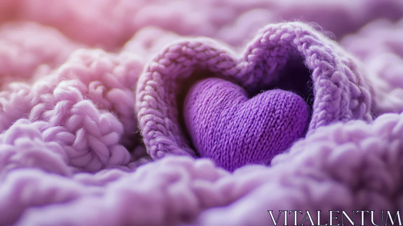 Knitted Purple Heart Nestled in Soft Wool Texture.