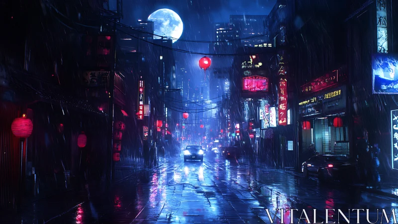 Moonlit rain turns neon alley into a quiet electric river