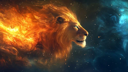 Fiery cosmic lion head emerging in glowing deep space.