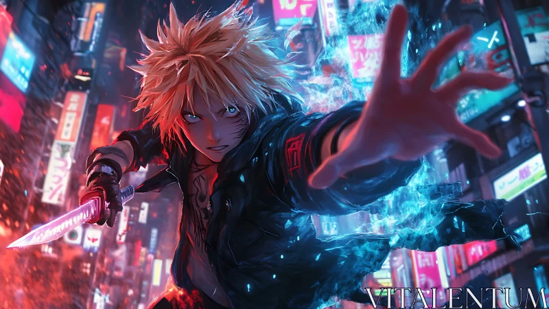 Electric-haired street warrior lunges through neon storm.