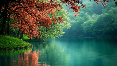 Tranquil forest lake with vivid red blossoms reflected.
