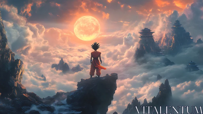 Warrior surveys celestial mountains under burning moon.