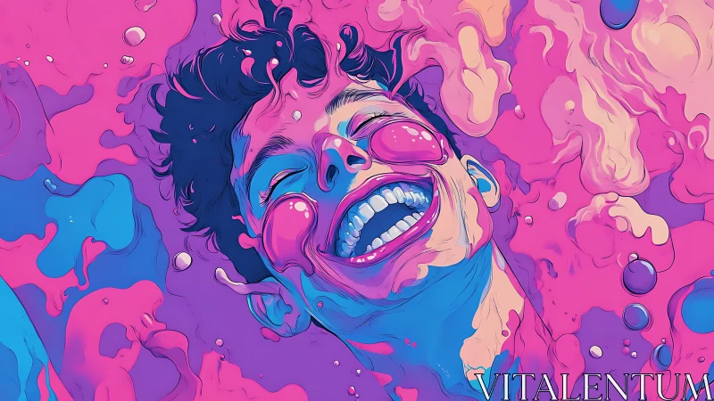 Neon joy splashes around a laughing face in liquid colorstorm.