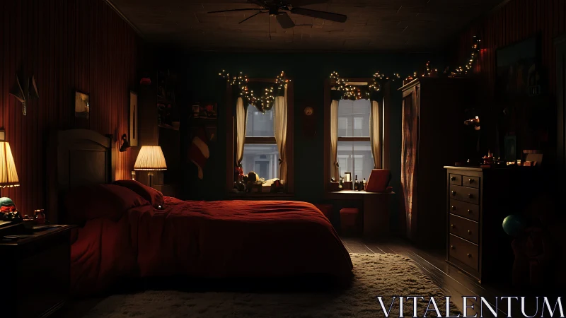 Cozy low-light bedroom interior with warm fairy lights and decor