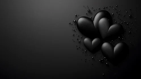 Black hearts arranged in 3D cluster with particle effects.