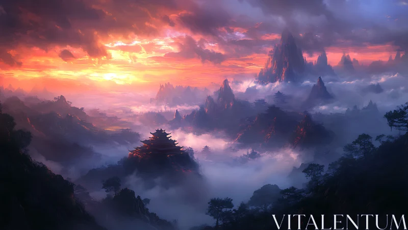 Mythic mountain temples under blazing neon dusk sky.