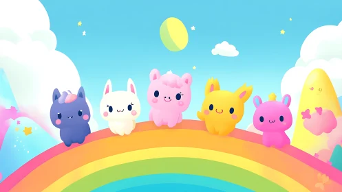 Kawaii pastel animal mascots aligned on stylized rainbow bridge