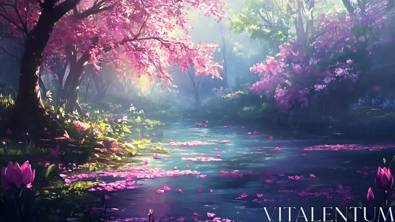 Blossom-draped forest river under luminous spring haze.