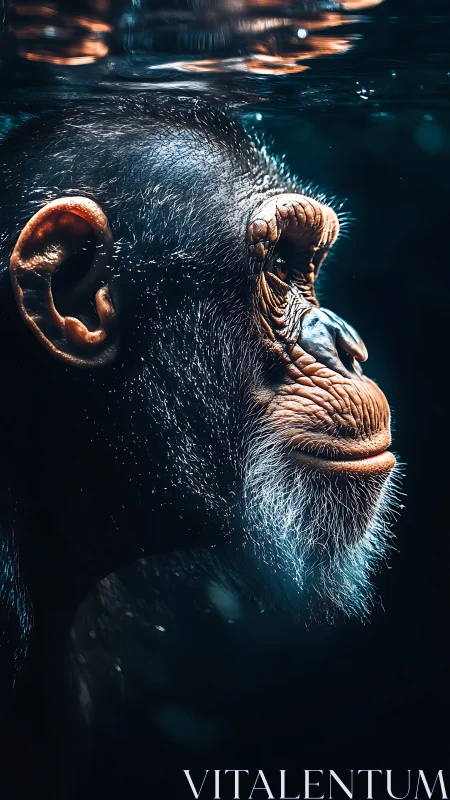 Underwater profile of chimpanzee in side close-up view.
