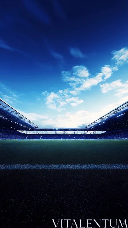 Symmetrical night stadium field under deep blue sky panorama.