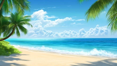 Tropical Paradise Beach with Palm Trees and Turquoise Ocean Waves.