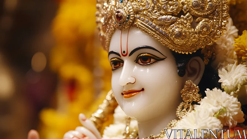 Gilded devotional statue with floral garland and jeweled crown.