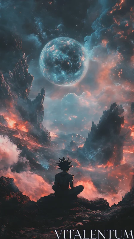 Silhouetted figure watches glowing planet above fiery clouds