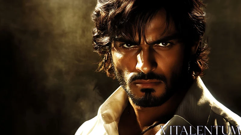 Intense close-up portrait of serious bearded man staring.