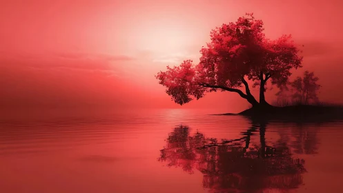 Scarlet lakeside tree silhouette under glowing sunset sky.