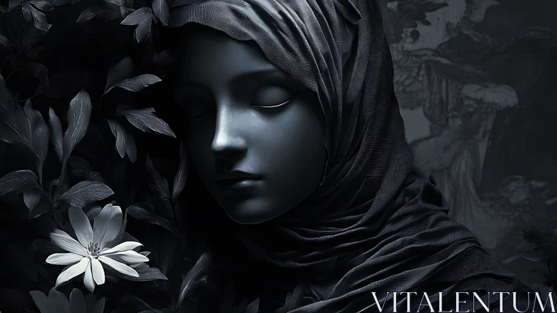 Veiled nocturne portrait with sculpted face and blossom.