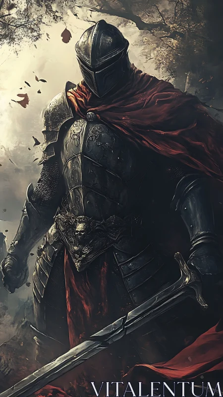 Armored warrior stands in forest with sword and red cloak
