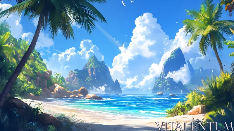 Tropical island beach with dramatic limestone cliffs and clear water