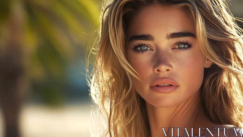 Sunlit beach portrait captures an intense, contemplative gaze