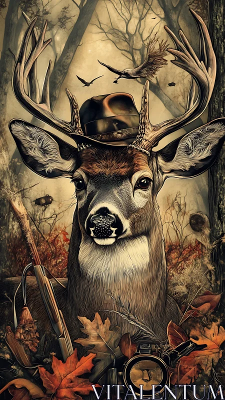 Stag portrait with hunter’s gear in misty autumn forest.