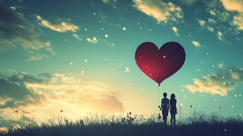Couple Holding Heart-Shaped Balloon Against Golden Sunset Sky.