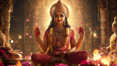 Divine goddess portrait in radiant temple interior glow.