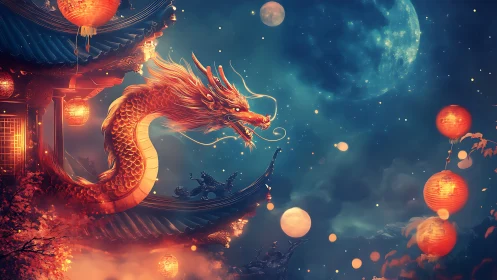 Chinese dragon coils above lantern-lit temple roof at night