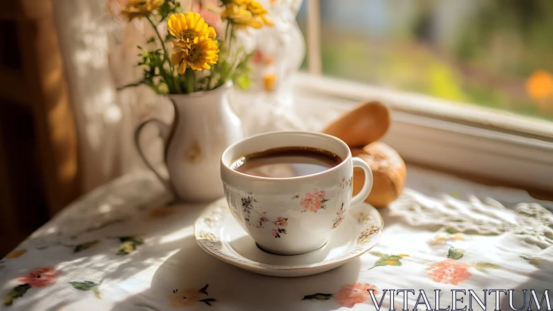 Porcelain cup of coffee sits on patterned tablecloth