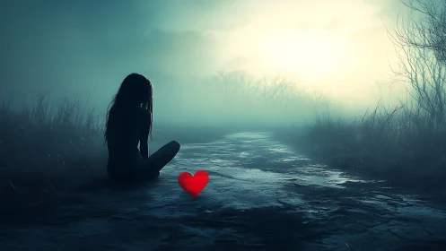 Silhouetted woman and red heart on misty backlit path